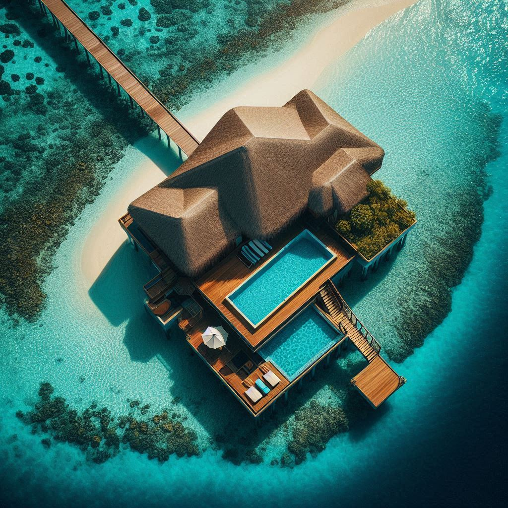 An aerial view of a luxurious overwater villa in the Maldives. The villa should have a thatched roof, a private infinity pool, and a sundeck. It should be connected to a wooden walkway and surrounded by crystal-clear turquoise waters. The image should capture the contrast between the deep blue ocean and the shallow lagoon.